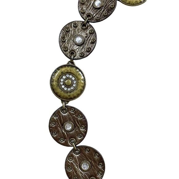 Leather metal‎ round medallion concho belt studded tooled rhinestones brass tone - Picture 2 of 8